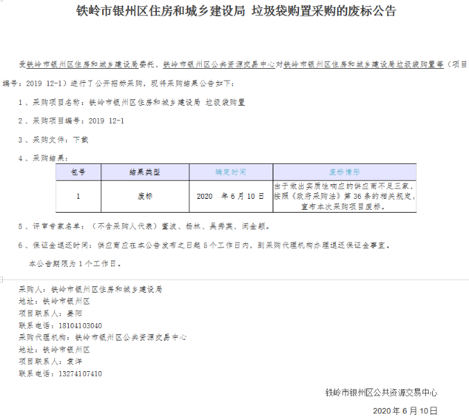 铁岭市银州区住房和城乡建设局 垃圾袋购置采购的废标公告